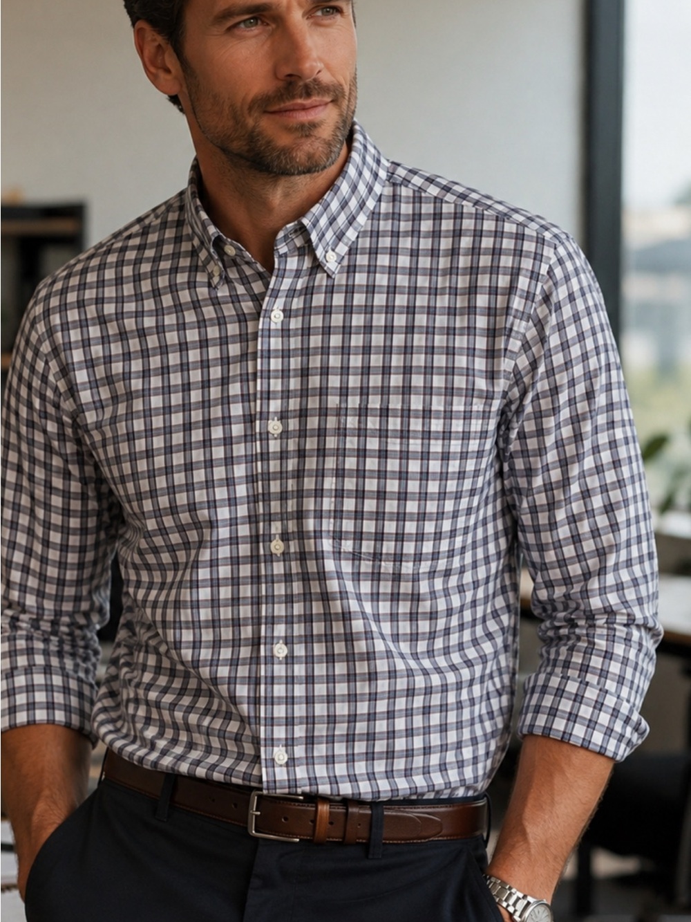 Banana Republic Men’s Slim Fit Black and Red Plaid Front Pocket Button-Up Shirt